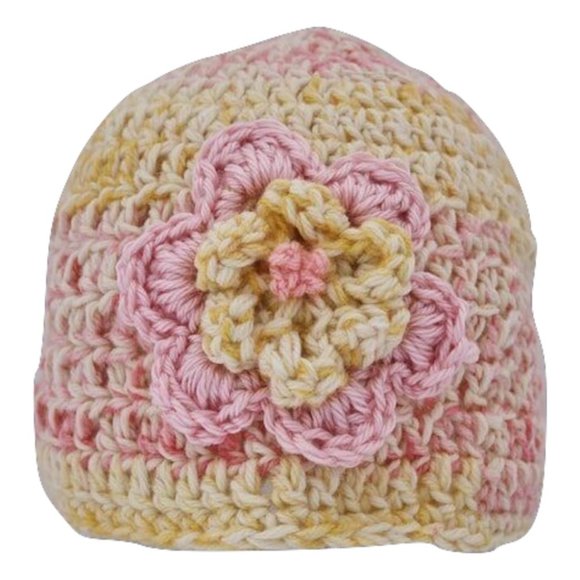 Women’s Homemade Hand Crocheted Pink & Yellow Flower Beanie Winter Hat - Picture 2 of 2